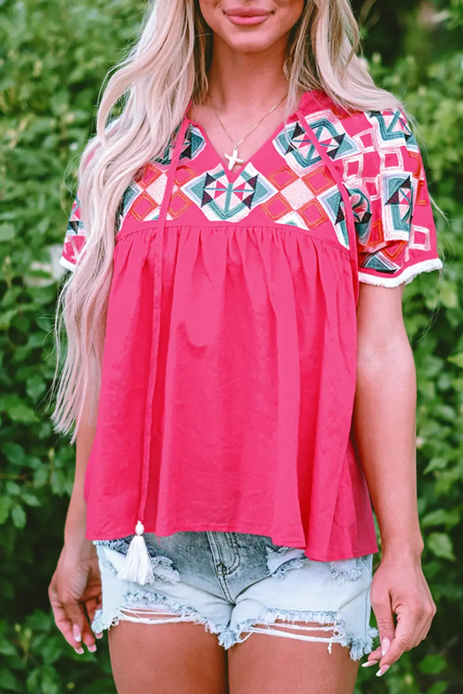 Pink embroidered cotton blouse - tassel tie | fashionfitz