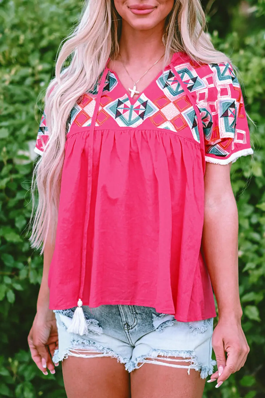 Pink embroidered cotton blouse - tassel tie | fashionfitz
