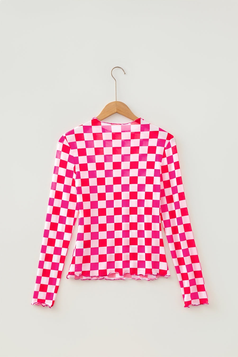 Plaid Heart Mesh Sheer Long Sleeve High Neck Blouse