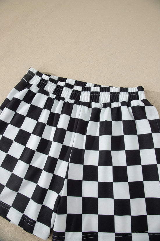 Checkered colour block trim mock neck short set outfit sets