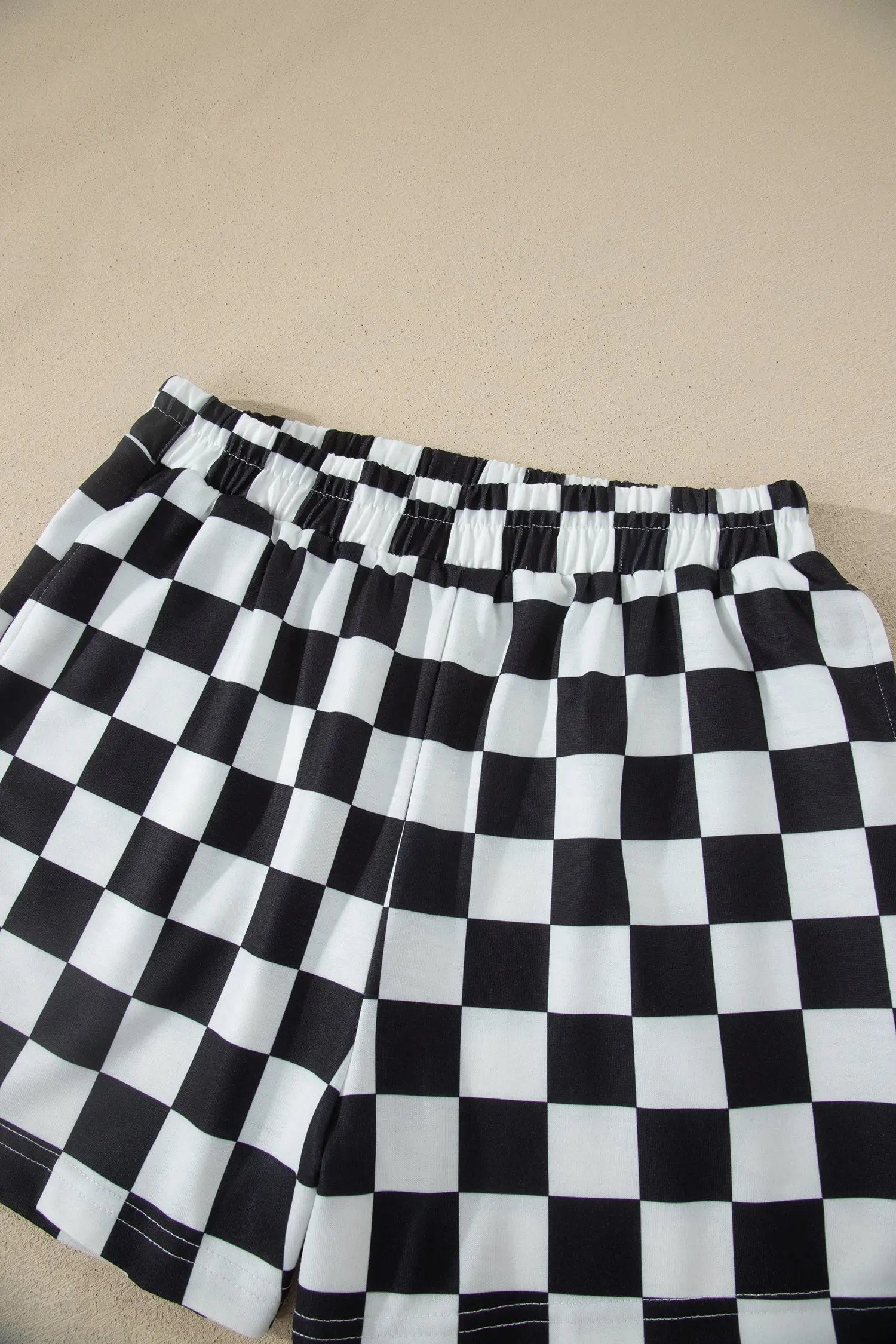 Checkered colour block trim mock neck short set outfit sets