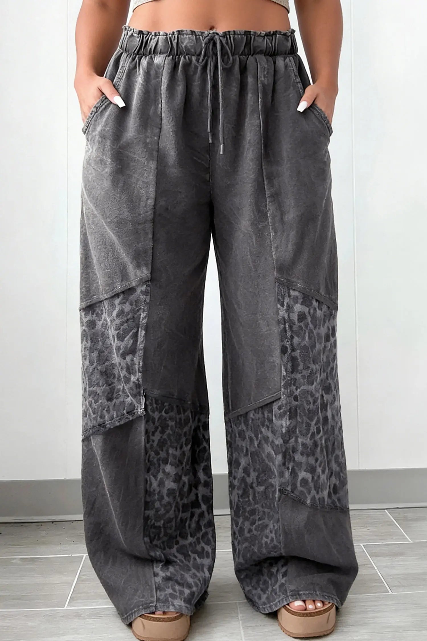 Dark grey plus size leopard patchwork mineral wash wide leg pants