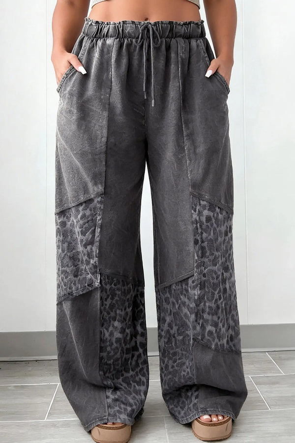 Plus size leopard patchwork mineral wash wide leg trousers front view | Fashionfitz UK