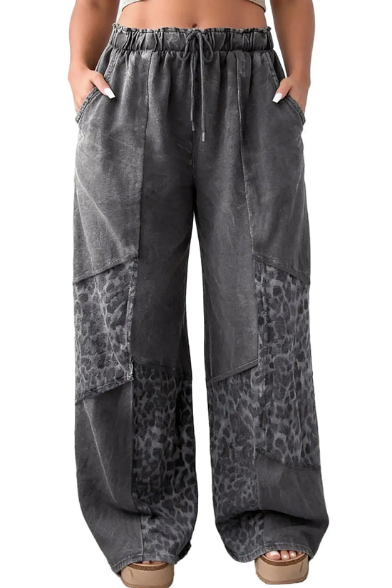 Plus size leopard patchwork mineral wash wide leg trousers