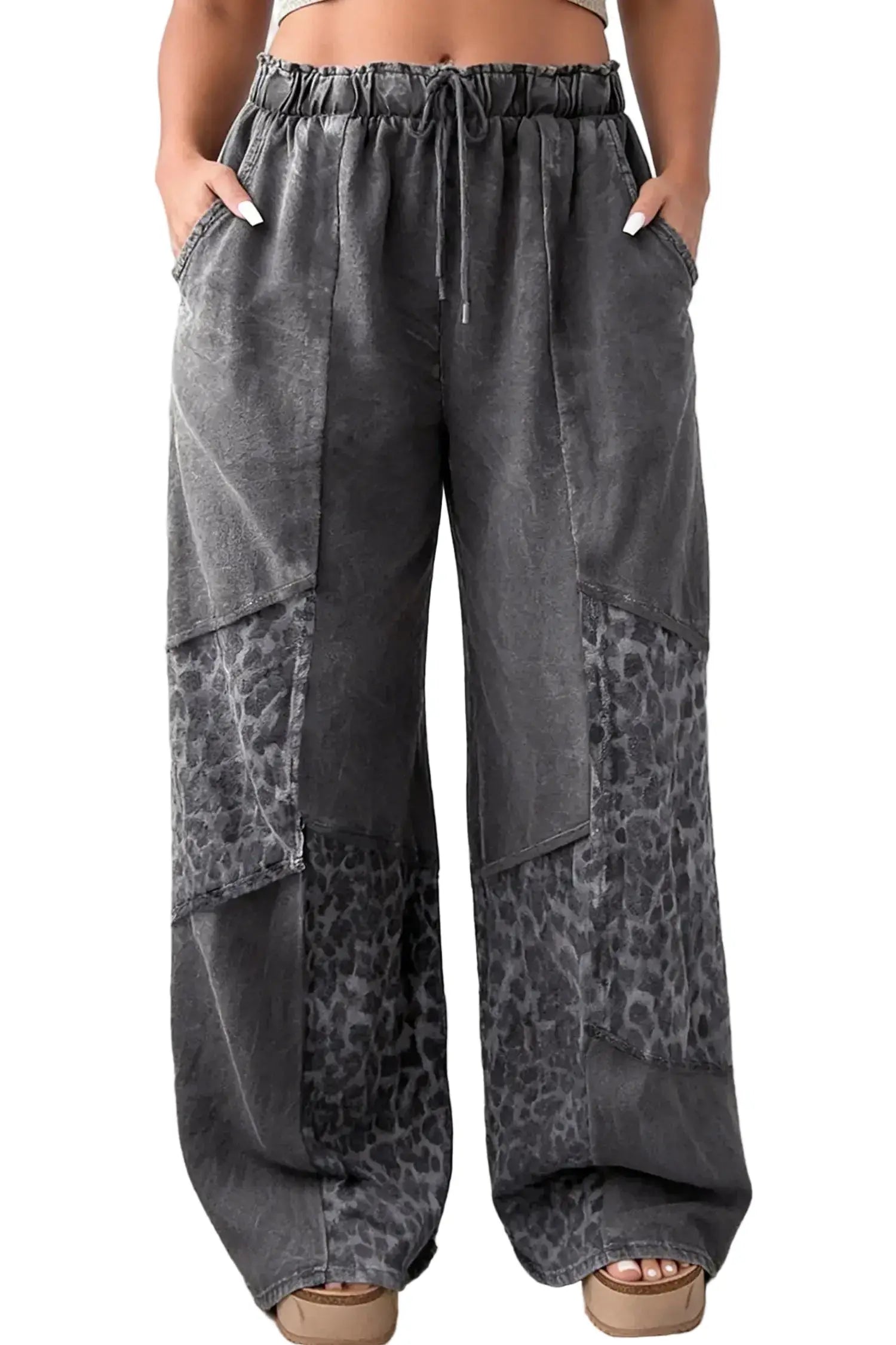 Plus size leopard patchwork mineral wash wide leg trousers
