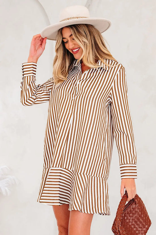 Brown stripe ruffled hem collared long sleeve mini