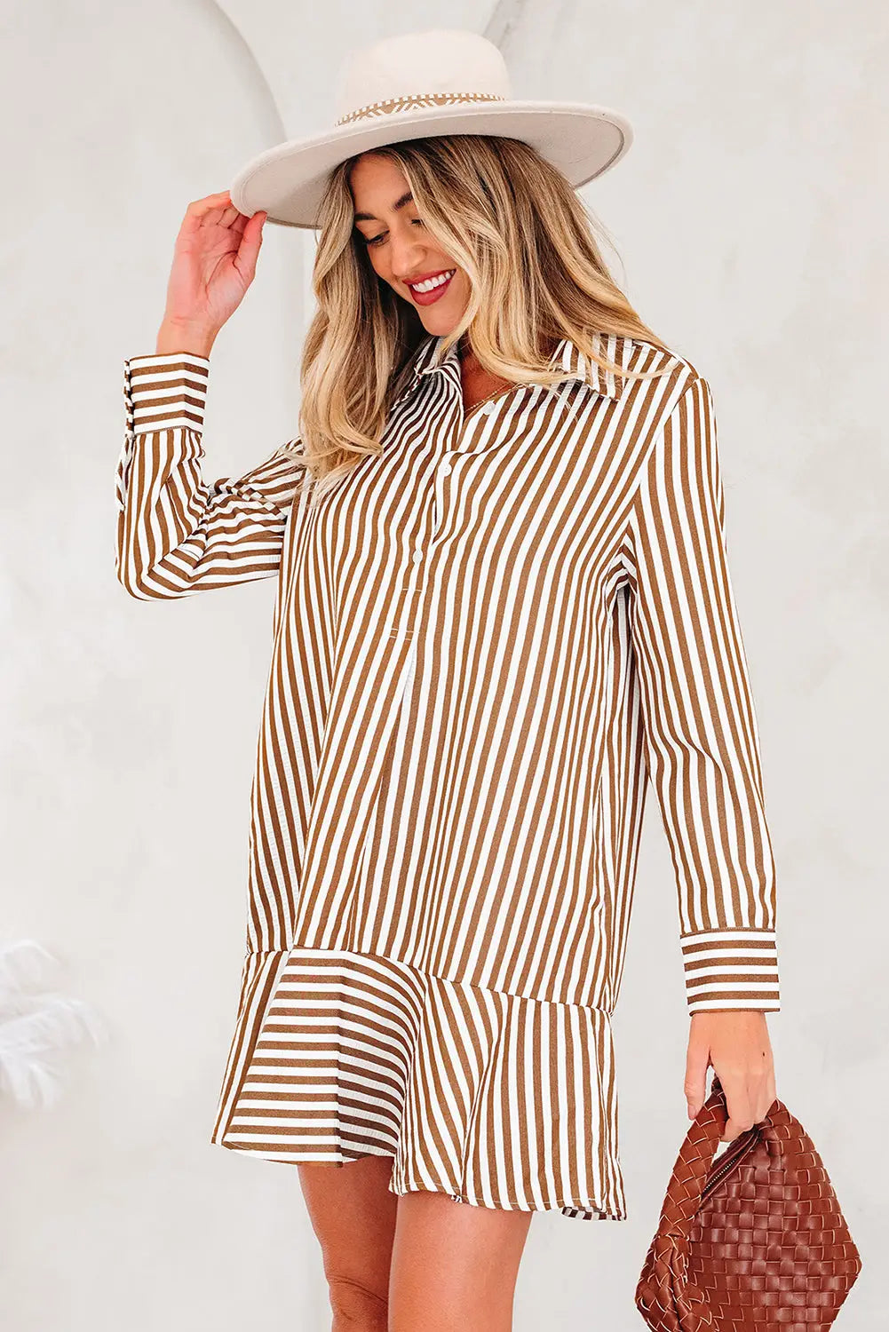 Brown stripe ruffled hem collared long sleeve mini
