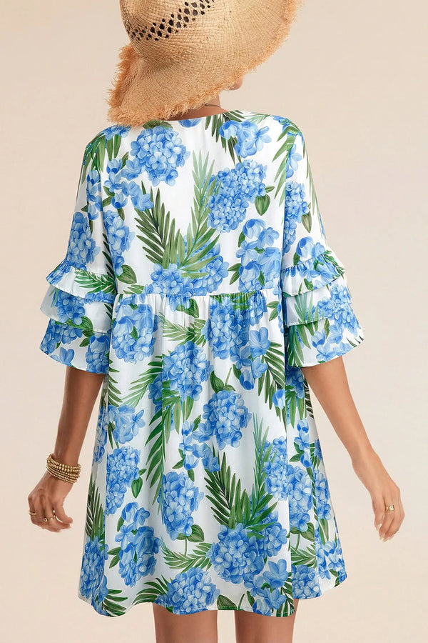 Sky Blue Palm Floral Contrast Ribbon Knot Ruffle Mini Dress Women UK