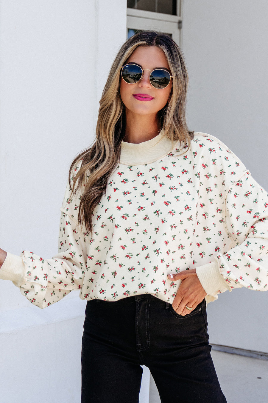 Beige Ribbed Floral Patchwork High Neck Baggy Sweatshirt