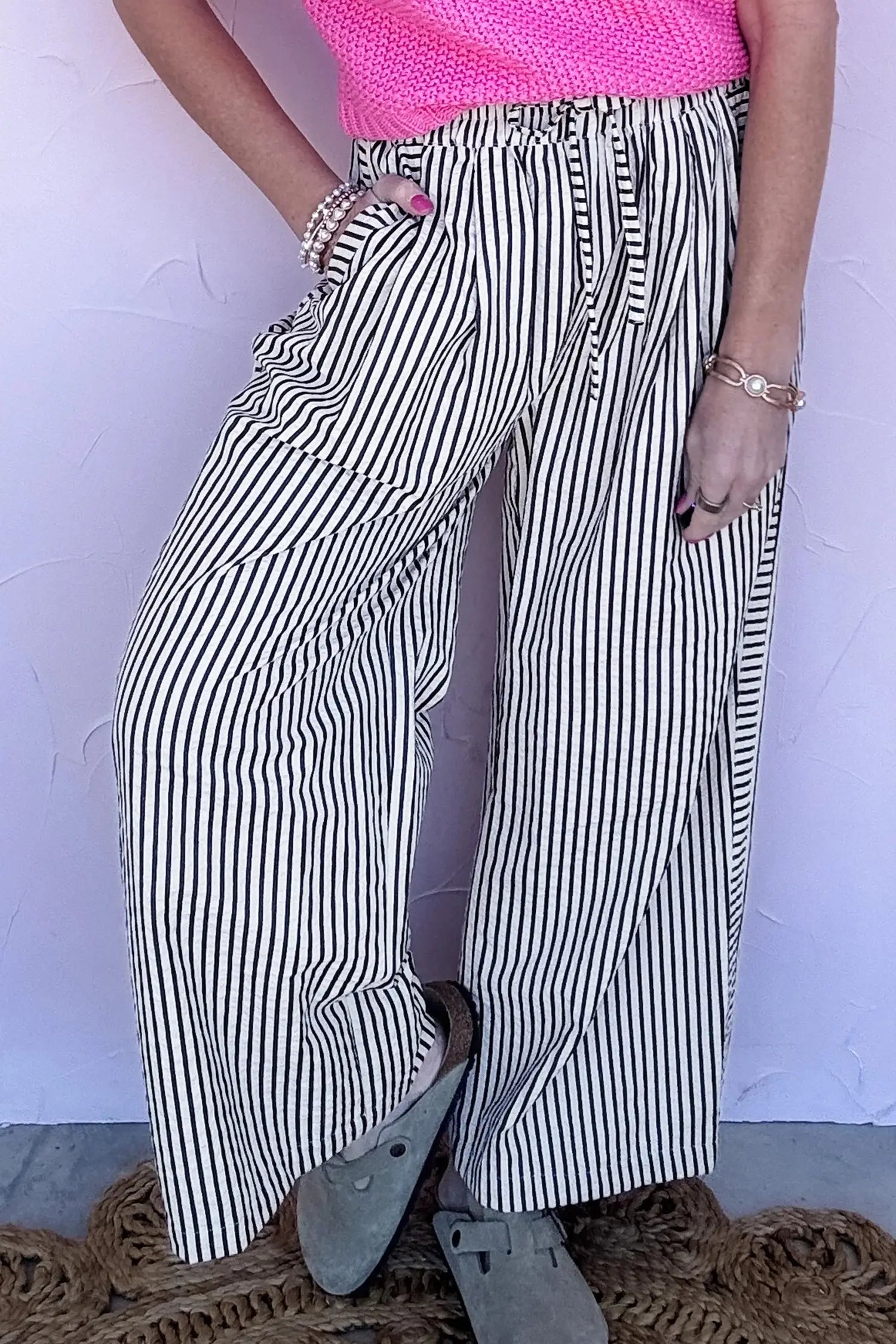 Black Stripe High Waist Wide Leg Drawstring Casual Trousers with Pockets