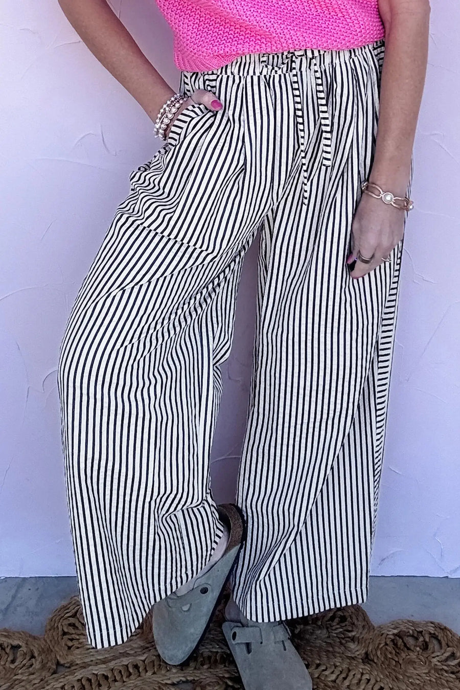Black stripe high waist wide leg trousers styled outfit | Fashionfitz UK