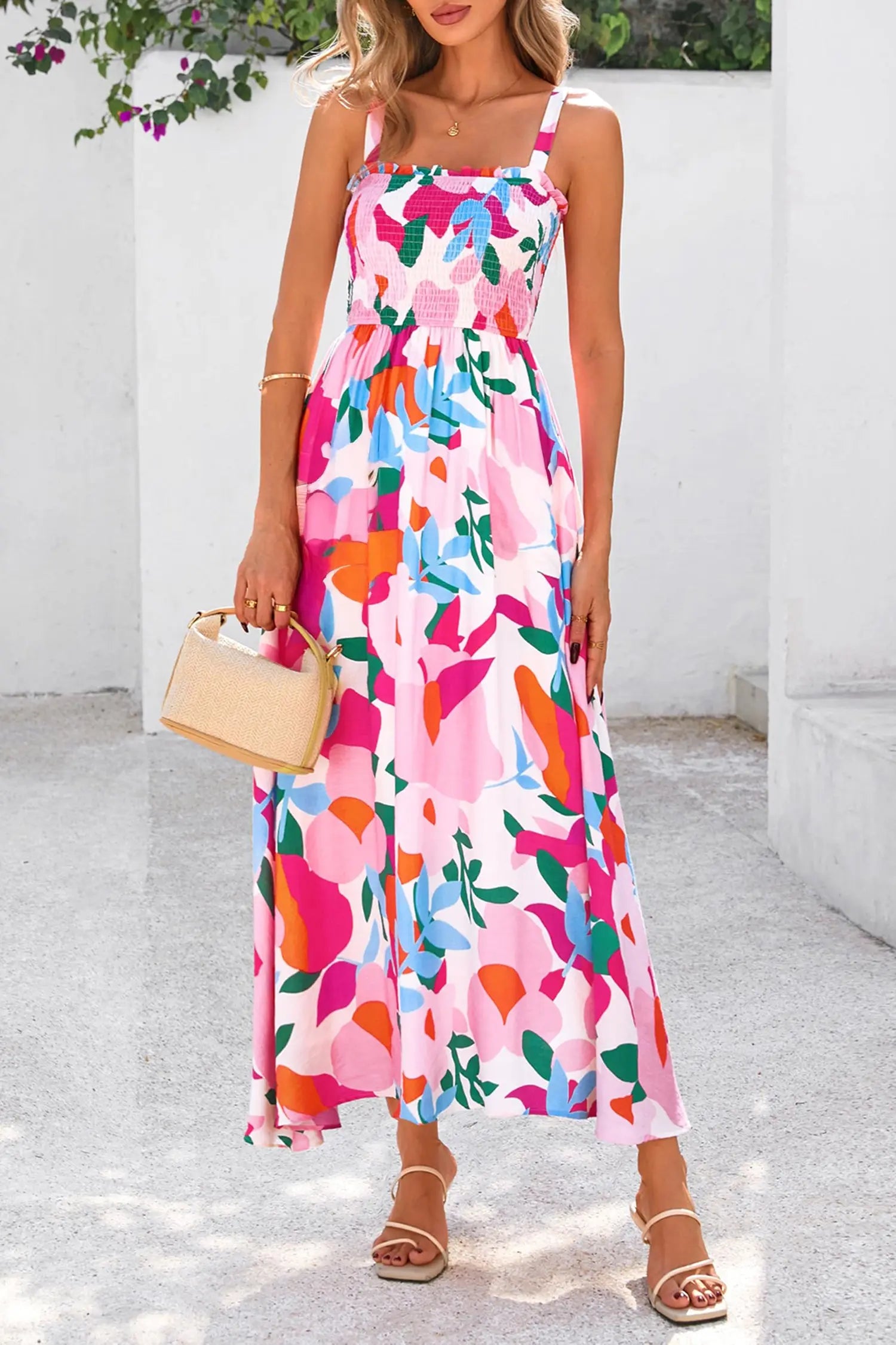 Pink floral print adjustable straps smocked high waist sundress