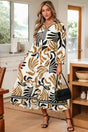 Brown Tropical Print Contrast Trim Long Sleeve Dress Women UK — front view