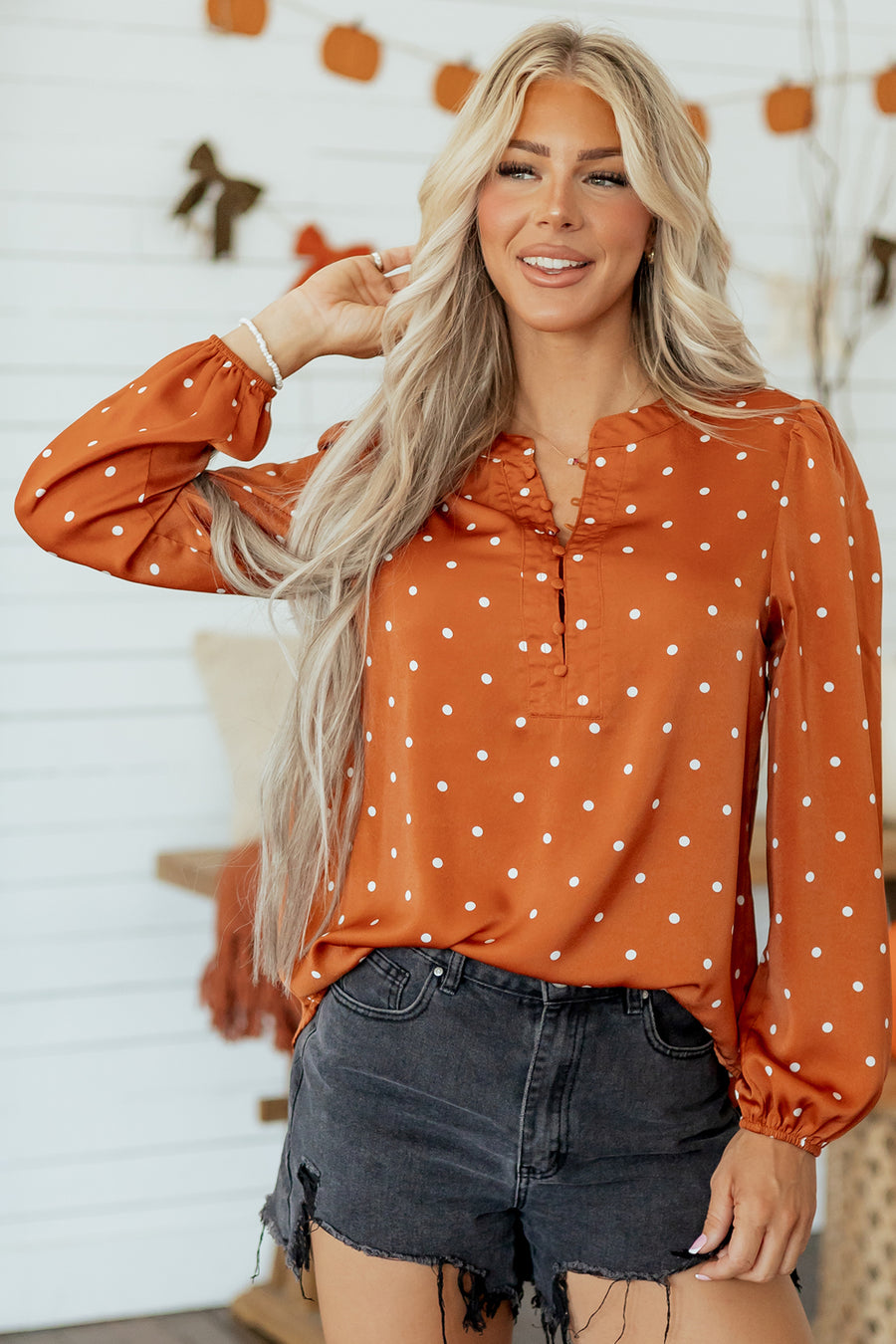Brown Polka Dot Half Button V-Neck Long Sleeve Blouse Women UK