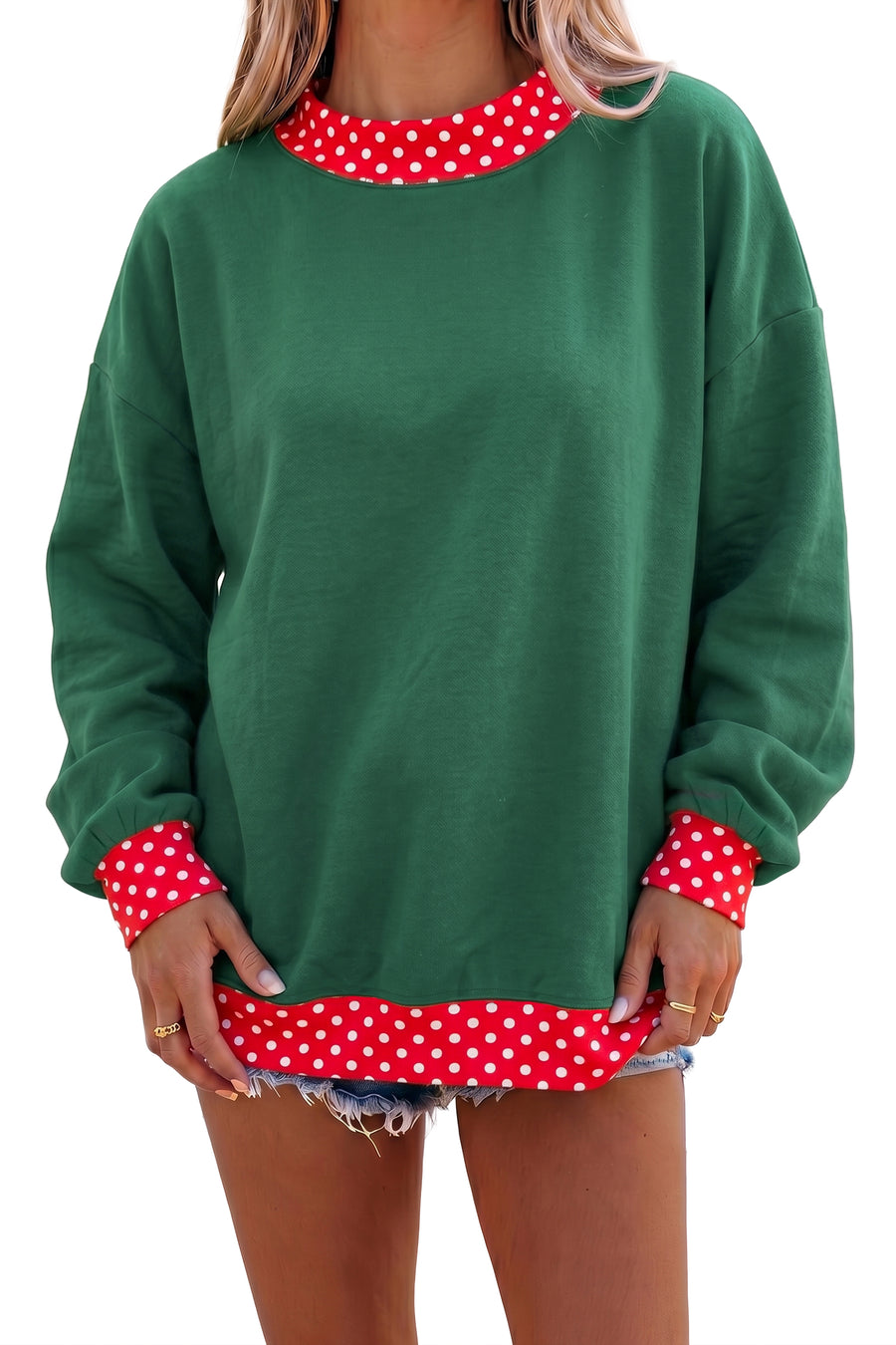 Pink Colorblock Polka Dot Contrast Trim Oversized Sweatshirt Women UK