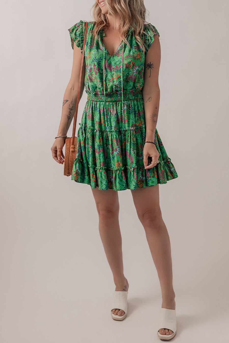 Green Floral Tie Split Neck Ruffle Trim Tiered Dress Women UK