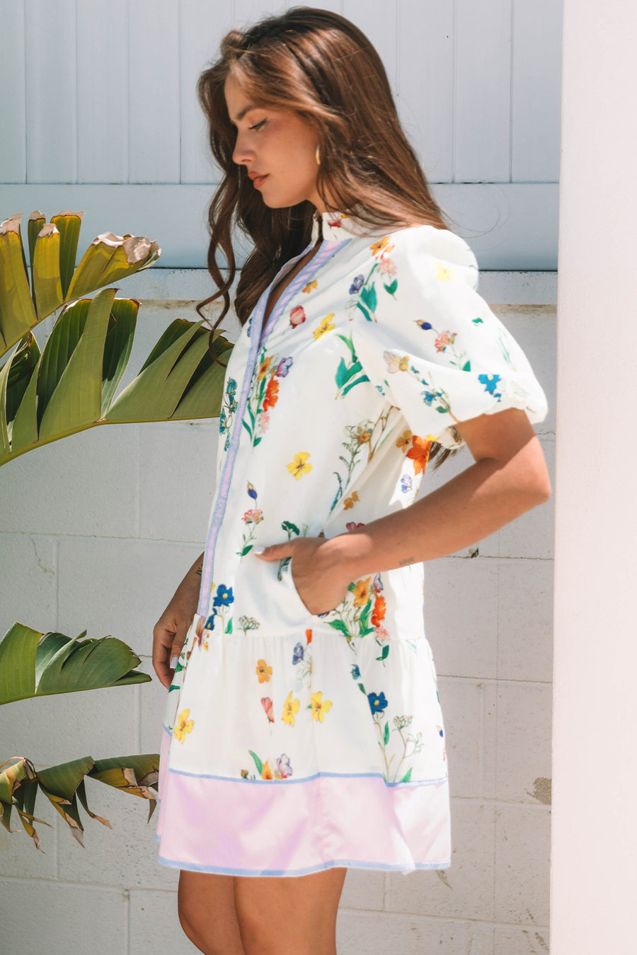 White Floral Contrast Striped Patchwork Puff Sleeve Dress Women UK