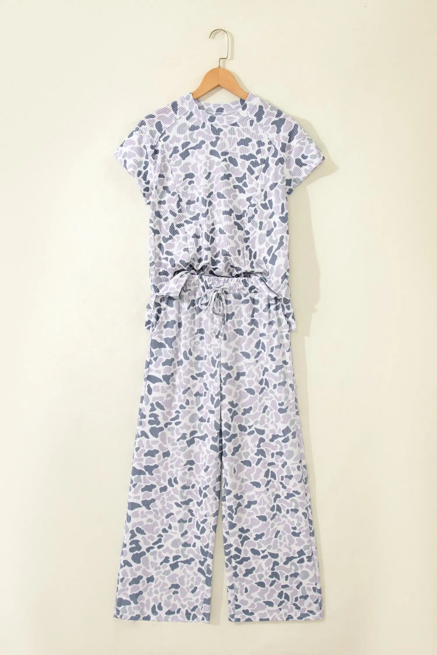Camo twisted rib tee drawstring pants set short sleeve beige outfit sets