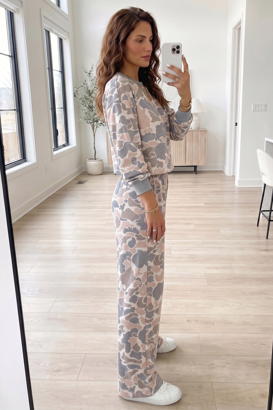 Camo Print Long Sleeve Top Wide Leg Pants Set Women UK