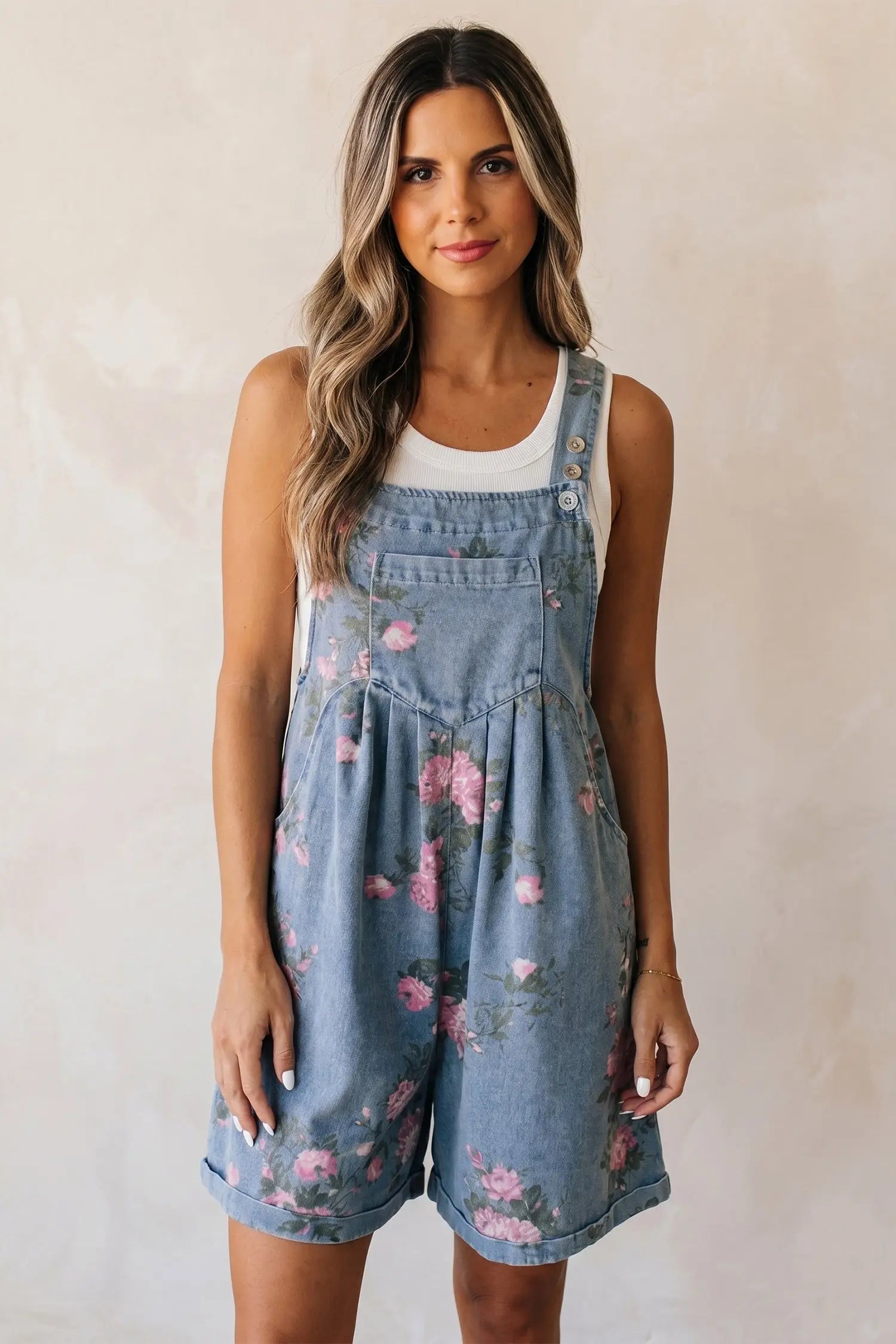 Floral print denim shortalls adjustable straps pockets relaxed fit one-pieces