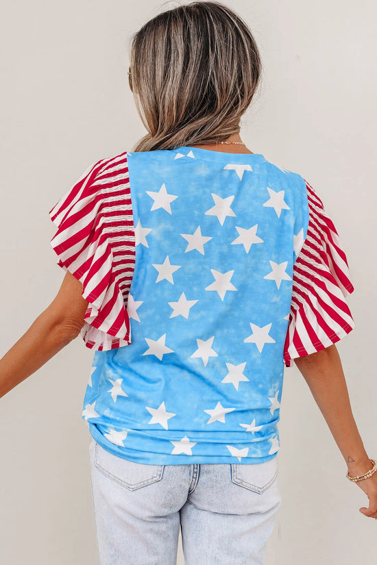 Sky blue vintage star print striped ruffle sleeve top blouses