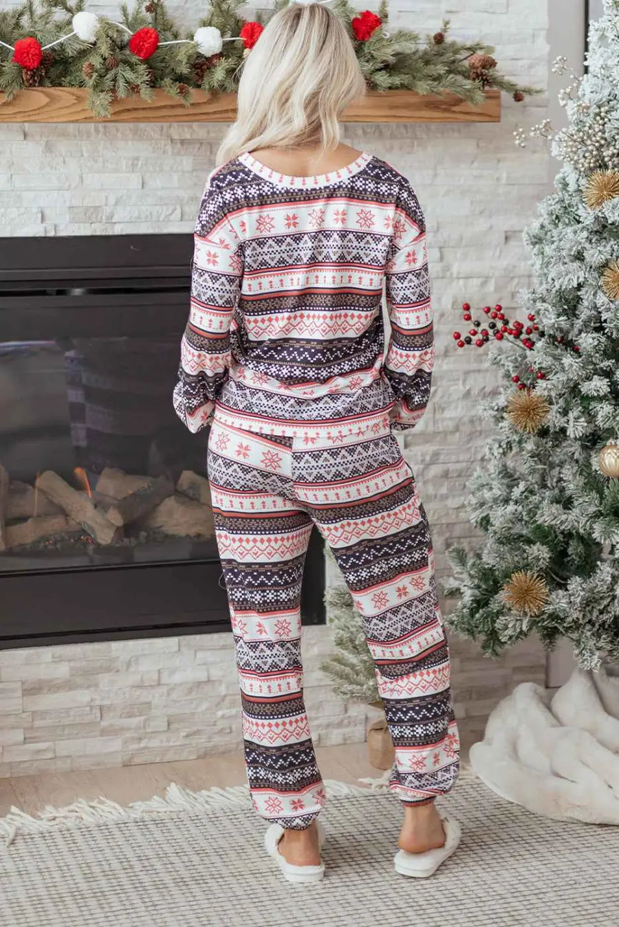 Black christmas retro print lounge set v-neck top high waist pants loungewear