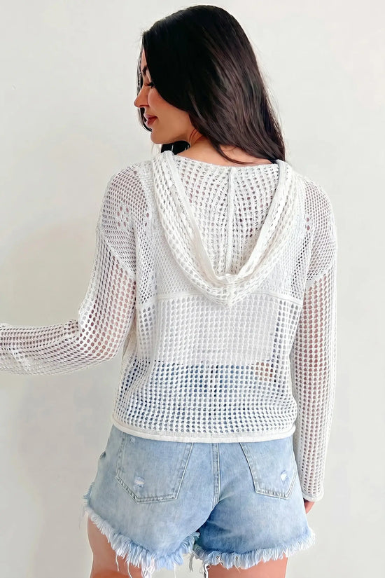 Hollow Out Crochet Knit American Flag Patch Drawstring Hoodie