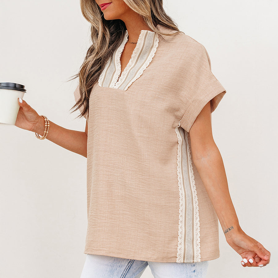Crochet Lace Accent Pullover Short Sleeve Blouse Women UK