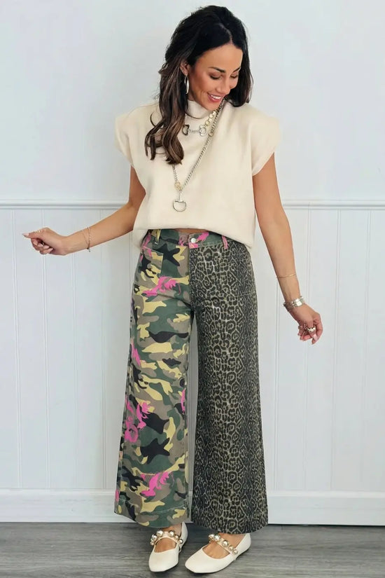 Multicolour abstract leopard patchwork straight jeans
