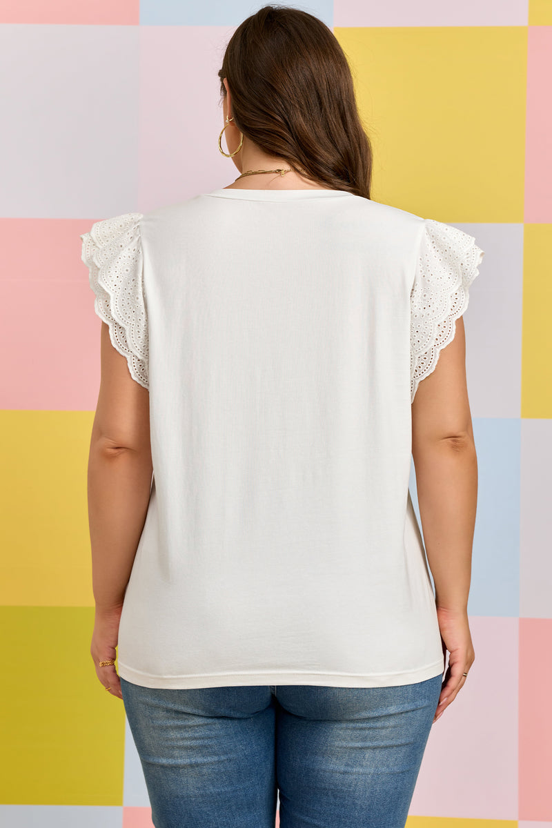 White eyelet crochet plus size tee — side view showing crochet splice detail