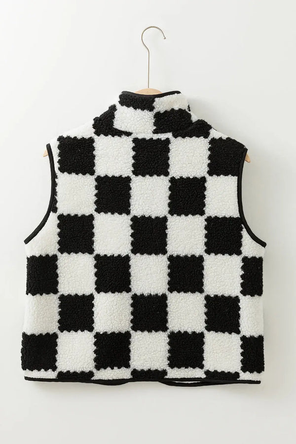 Black and white check sherpa vest front view — Fashionfitz UK