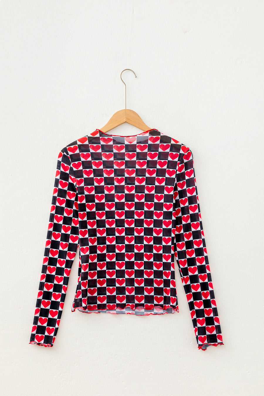 Plaid Heart Mesh Sheer Long Sleeve High Neck Blouse