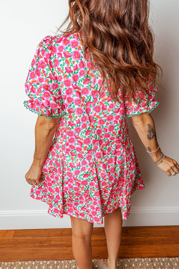 Pink floral patchwork mini dress UK bubble sleeve detail