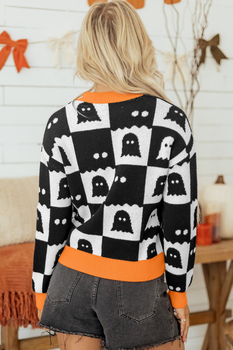 High Neck Drop Shoulder Geometric Print Sweater
