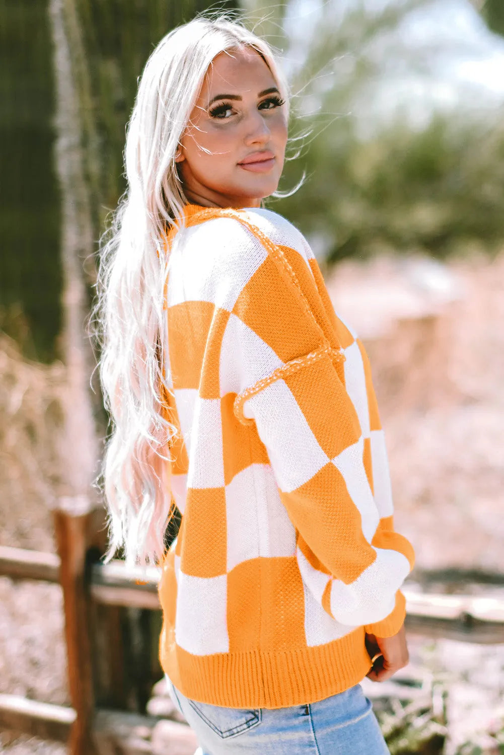 Pink Checkered Bishop Sleeve Sweater - Fashionfitz