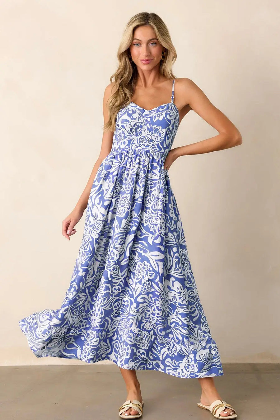 Sky Blue Floral Spaghetti Strap High Waist Maxi Dress Women UK