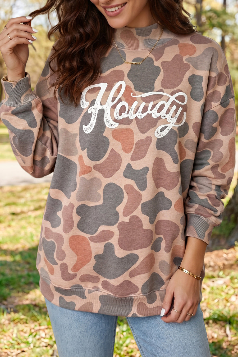 Multicolour camo print baggy mock neck pullover sweatshirt front view — Fashionfitz UK