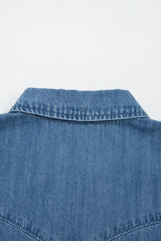 Dusk blue ruffled short sleeve denim shirt button down collar stitched yoke shirts
