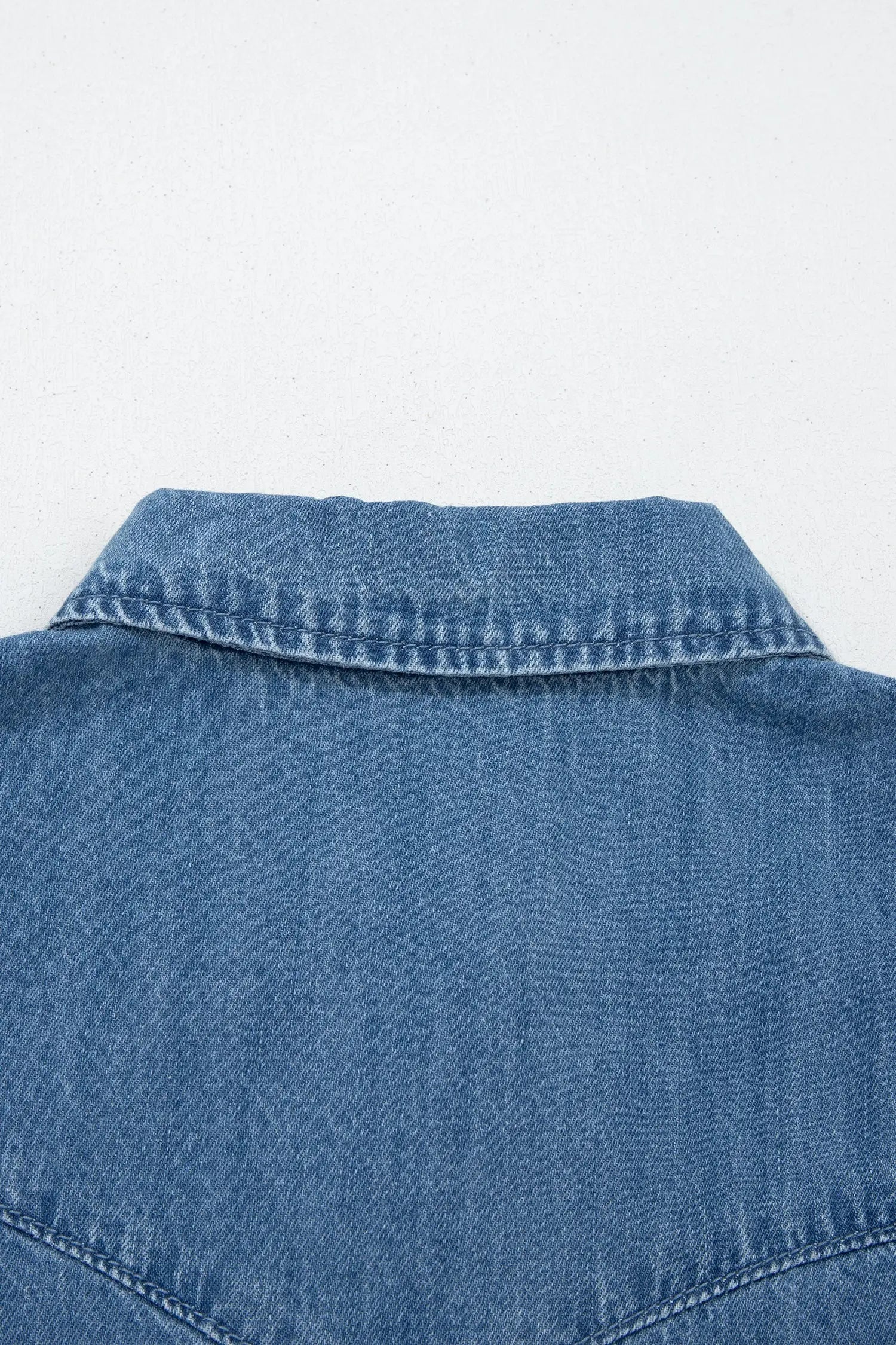 Dusk blue ruffled short sleeve denim shirt button down collar stitched yoke shirts
