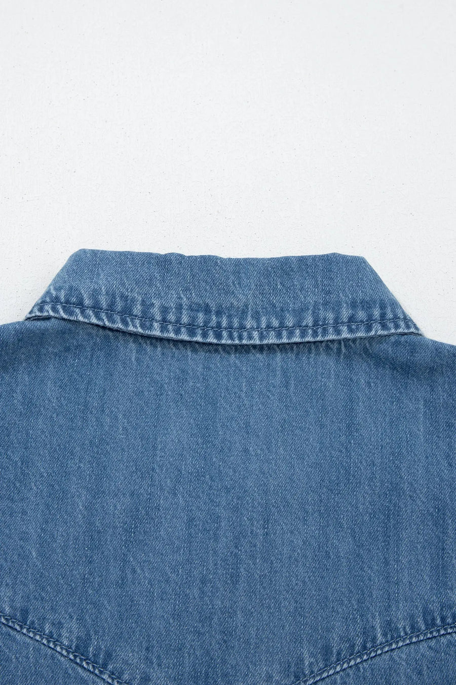 Dusk blue ruffled short sleeve denim shirt button down collar stitched yoke shirts