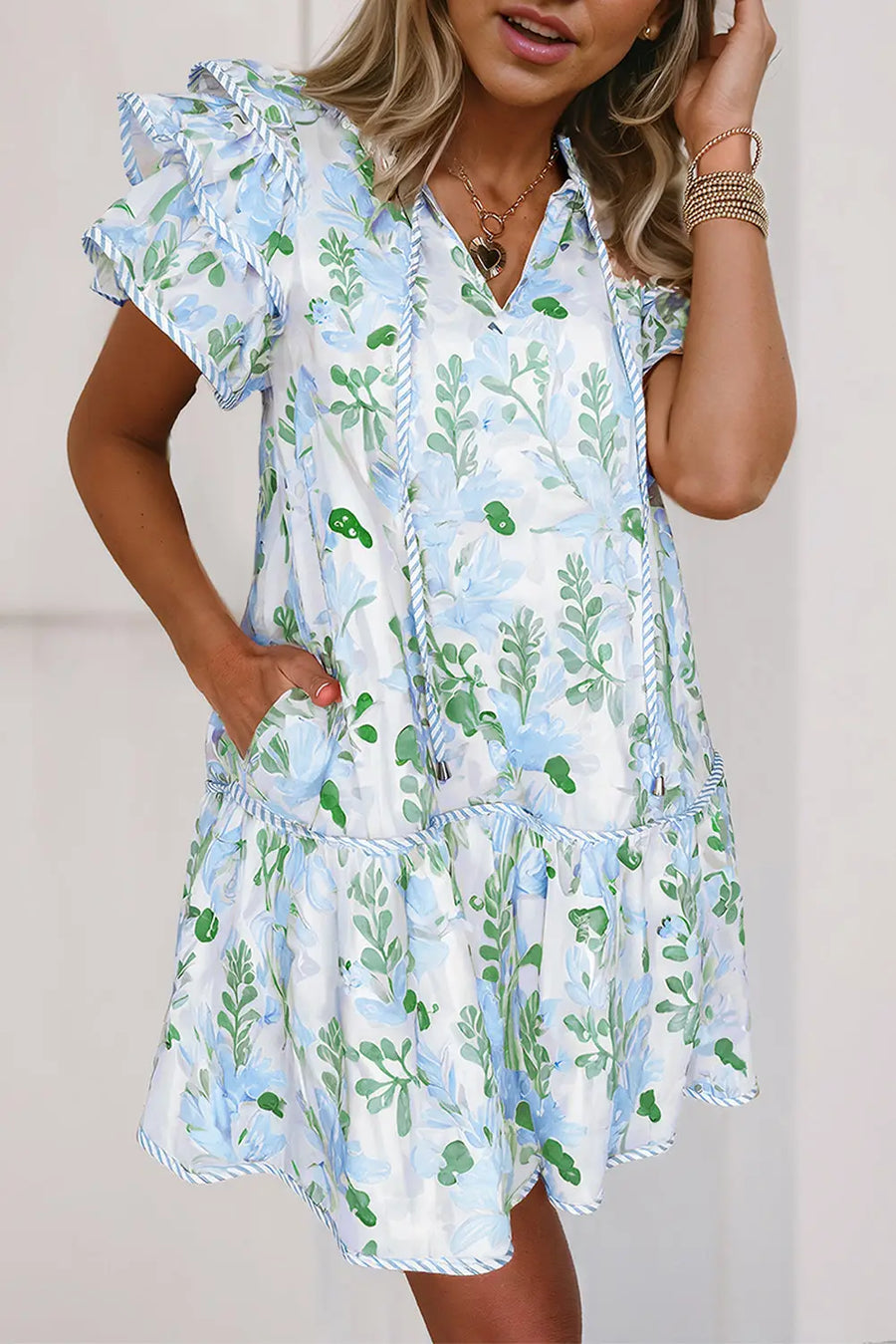 Pink Floral Contrast Edge Layered Short Sleeve Mini Dress Women UK — full length