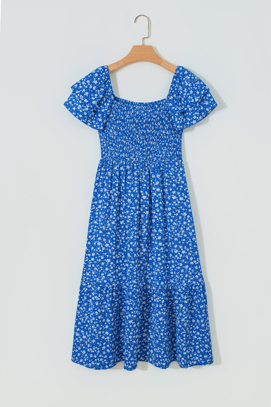 Floral Smocked Square Neck Midi Dress Women UK