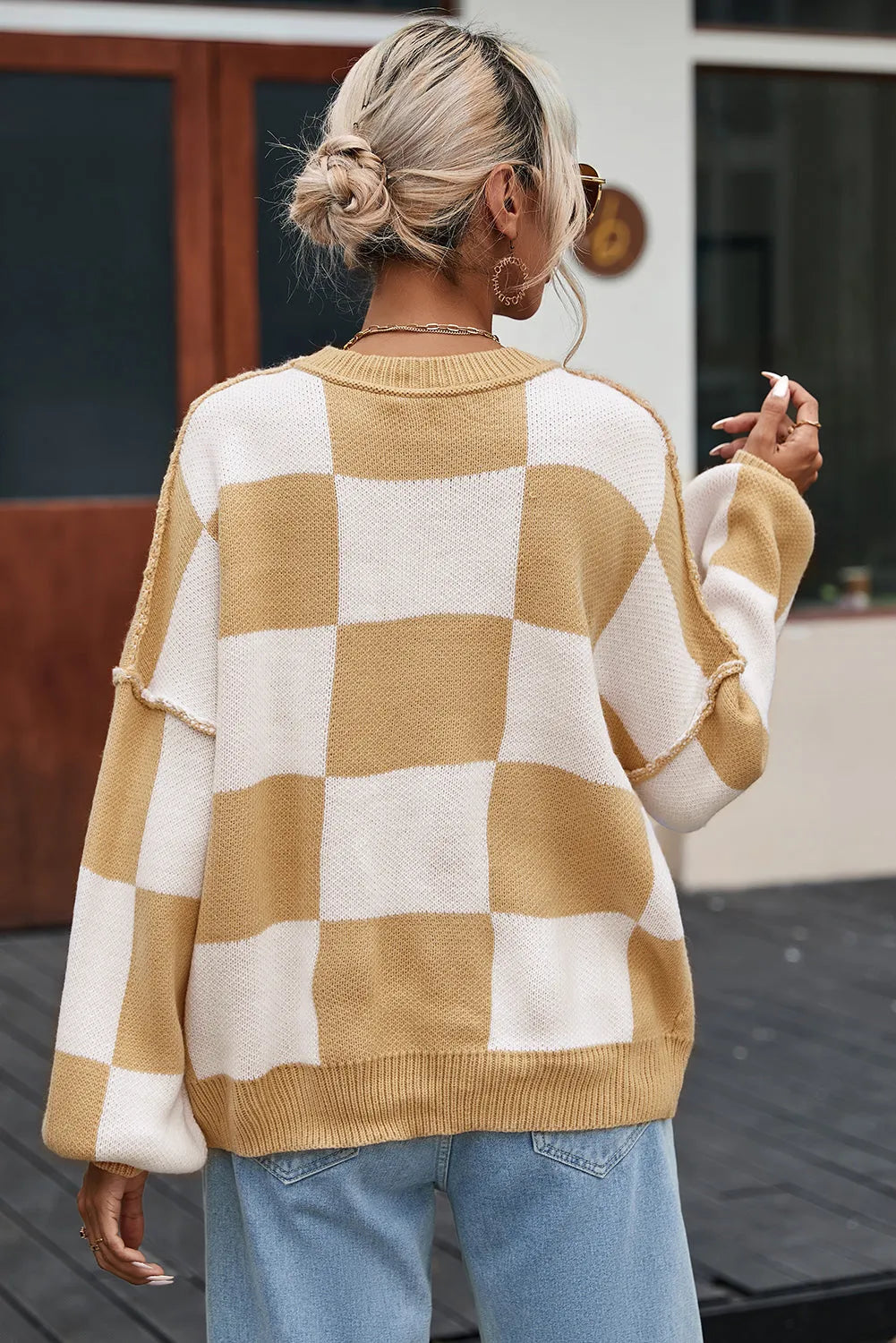 Pink Checkered Bishop Sleeve Sweater - Fashionfitz