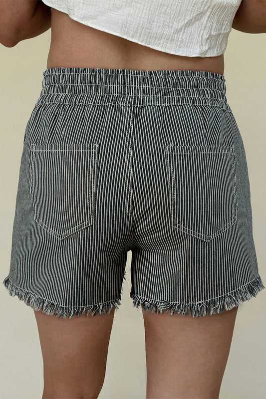 Stripe Raw Edge Drawstring Denim Shorts Women UK