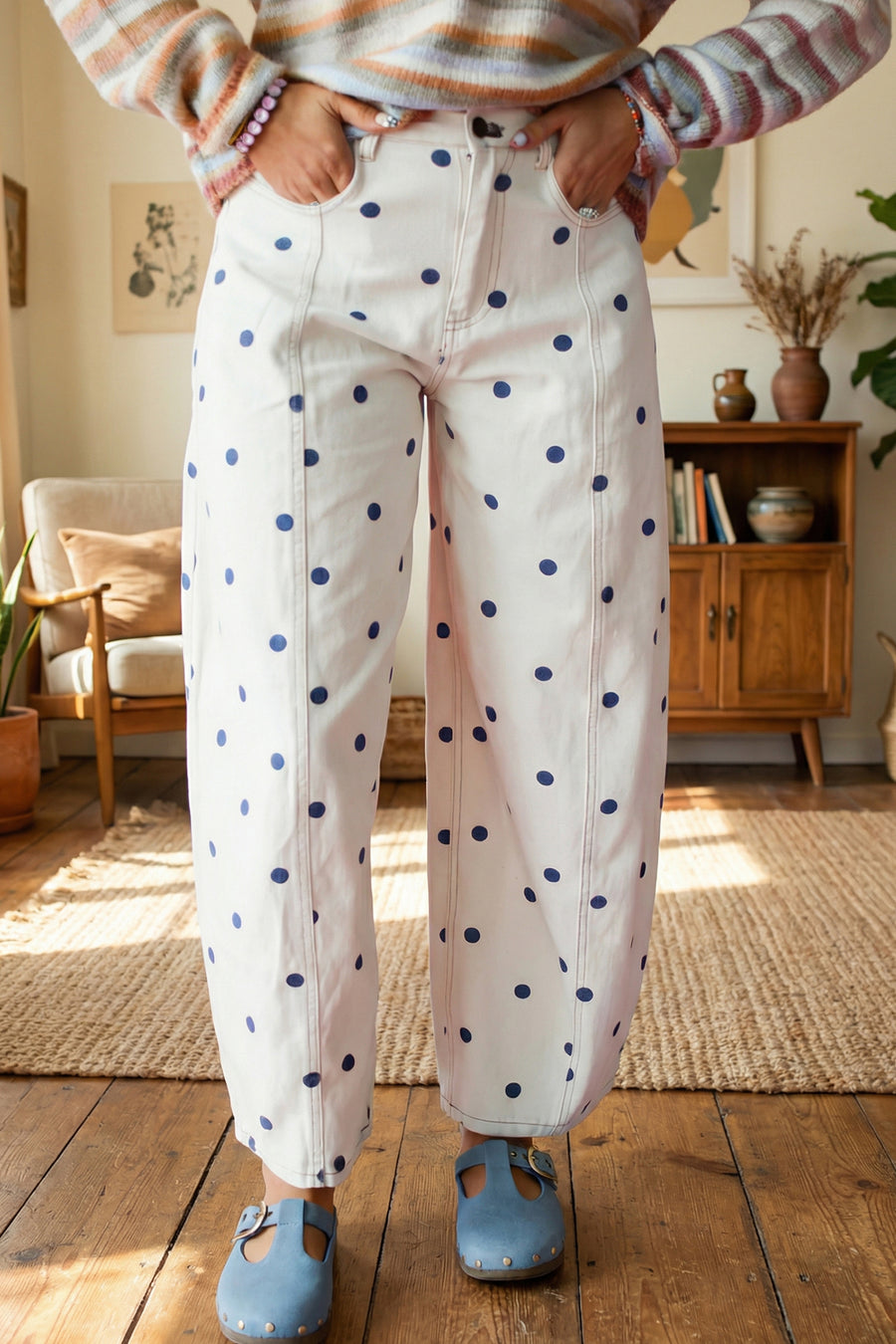 Polka Dot Barrel Jeans Women UK in Pink — front view showing pink polka dot denim with seam detail — Fashionfitz