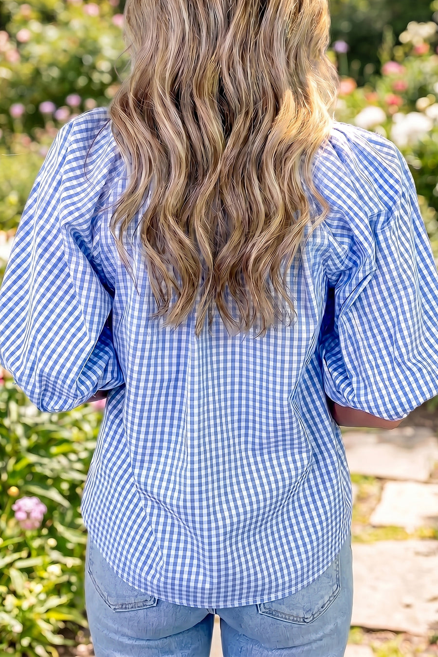 Summer Plaid V-Neck Puff Sleeve Blouse Women UK