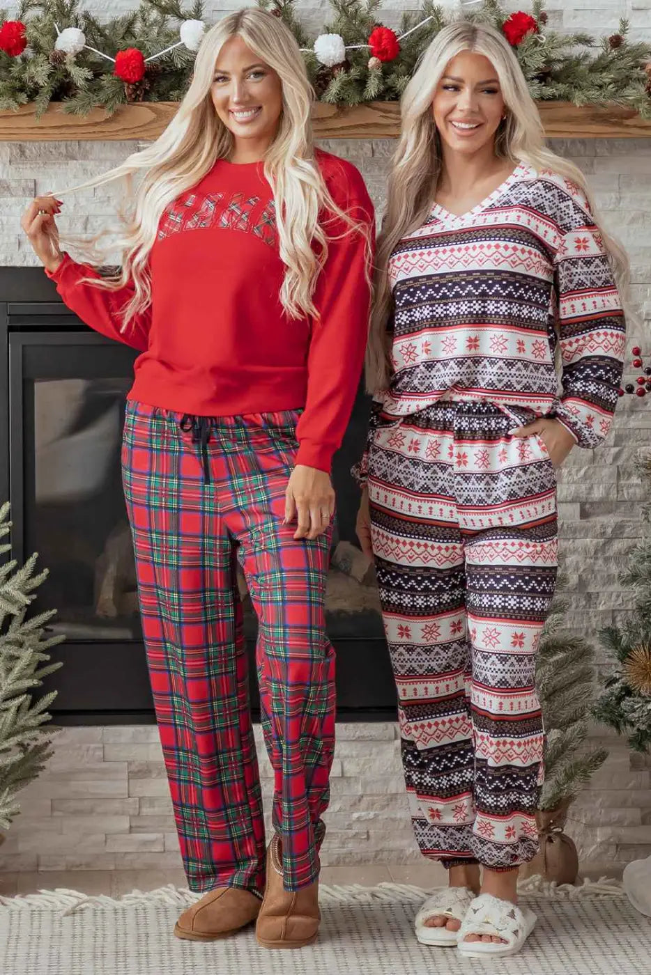 Black christmas retro print lounge set v-neck top high waist pants loungewear