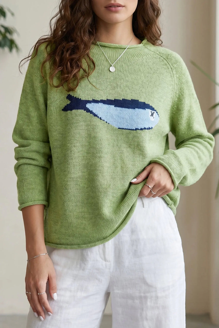 Fish Knit Oversized Round Neck Sweater