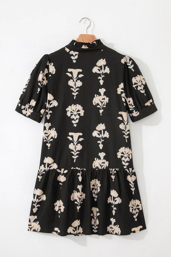 Floral frilled v-neck puff sleeve mini dress dresses