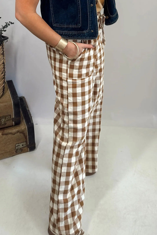 Women's gingham trousers side view elastic waist casual